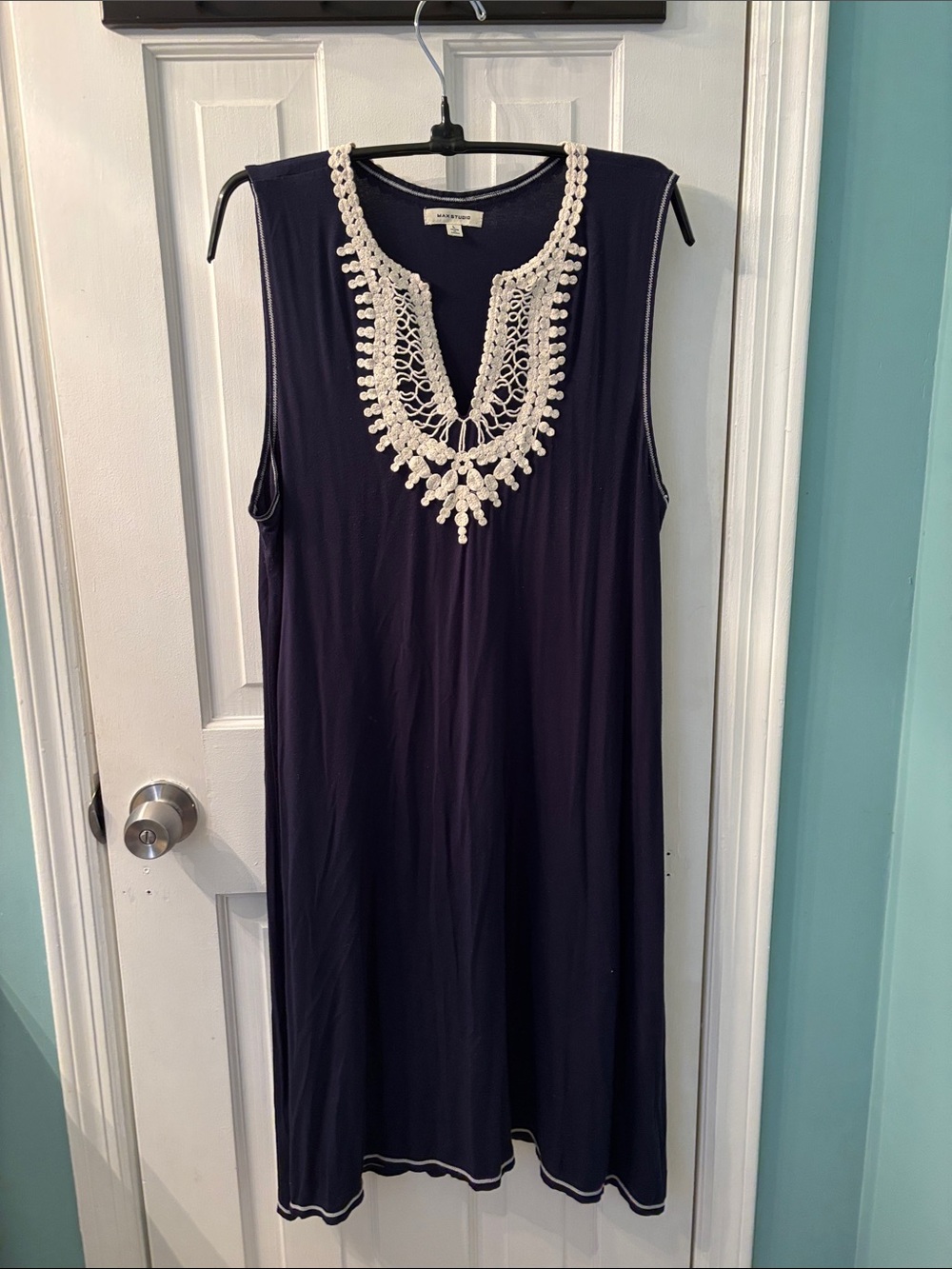 Max Studio Navy Midi Dress with Cream Crochet Neckline